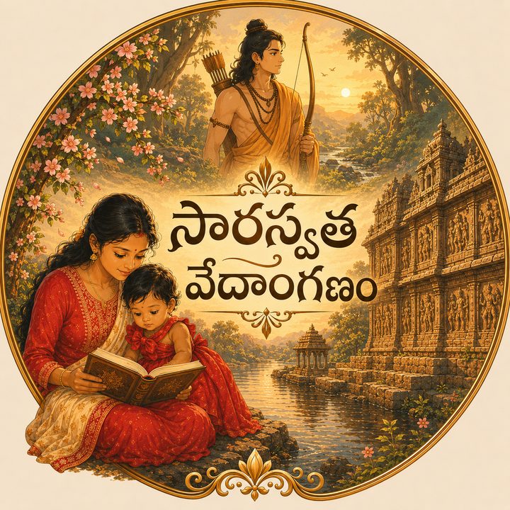 Vedangana emblem: a mother reading to a child, Rama, and a temple by a river